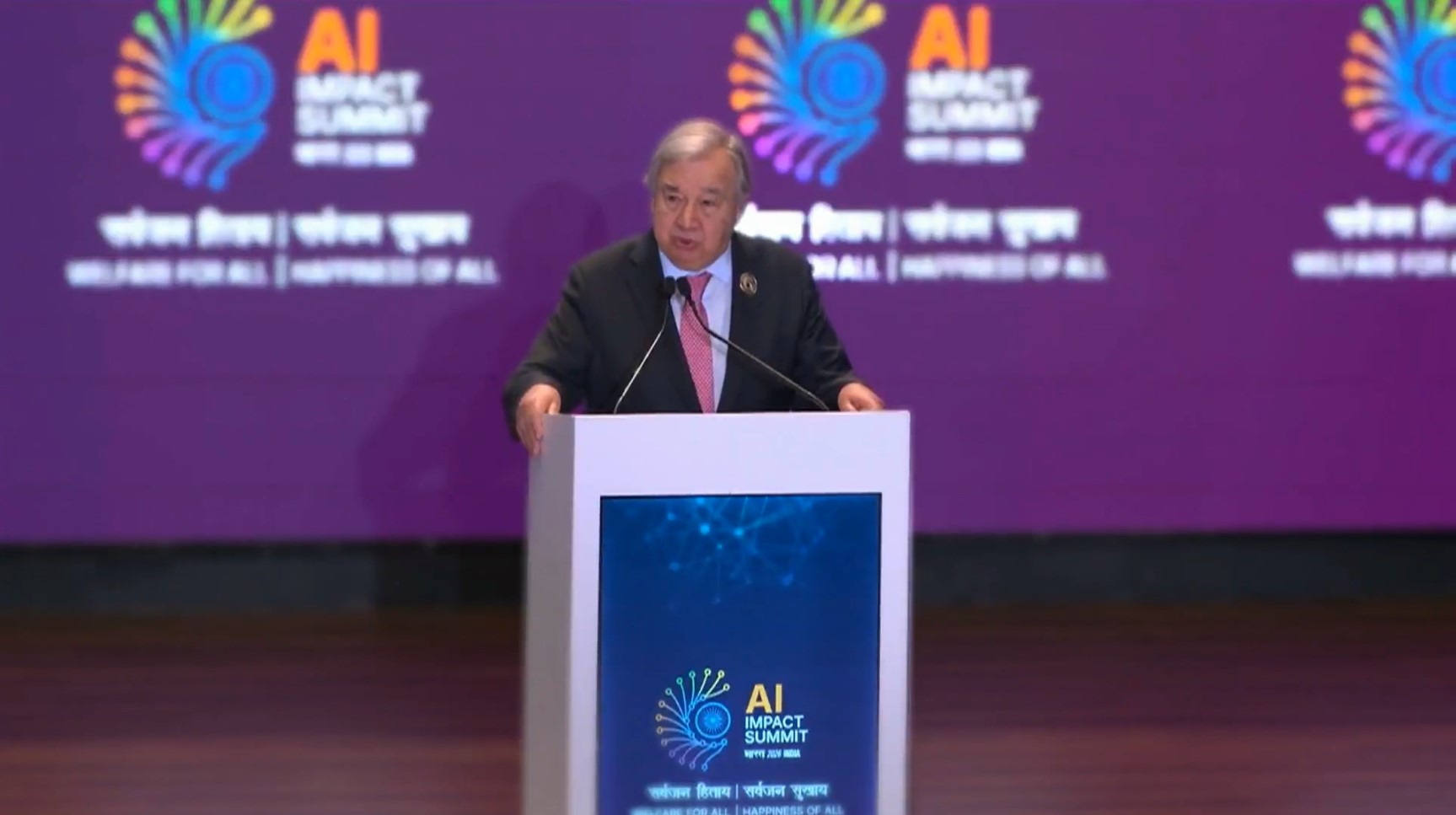 UN Secretary-General António Guterres delivers a speech at the New Delhi AI Impact Summit